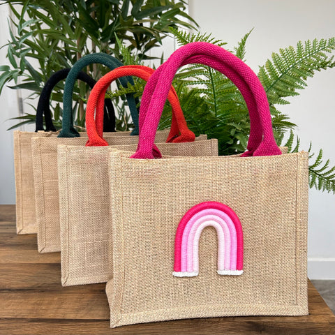 Coloured handle rainbow jute bag